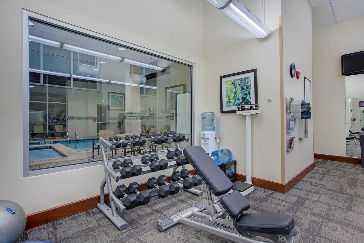 A modern fitness center is depicted, complete with a dumbbell rack, weight bench, water cooler, and a large window offering a view into the pool area. The bright, energetic space is inviting, with equipment ready for workouts and hints of social interaction among users.